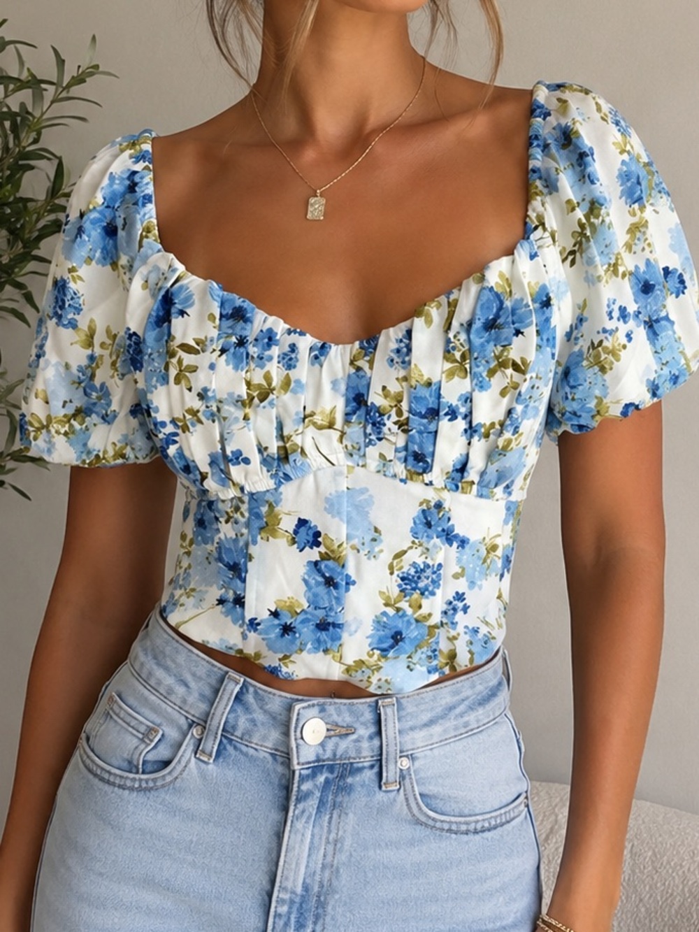 NWT Blu Pepper Adrian Floral Corset Top | Blue Floral Puff Sleeve | Medium